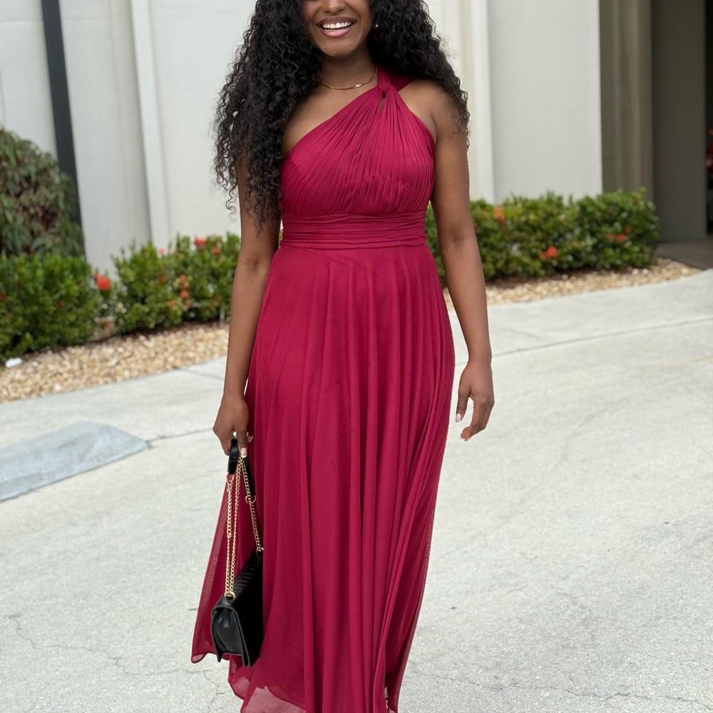 Azazie Pink One Shoulder Ruched Empire Waist Gown